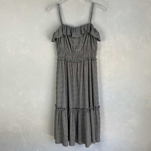 T Tahari size M ruffle tiered gingham midi dress black lined spaghetti strap - Picture 3 of 16
